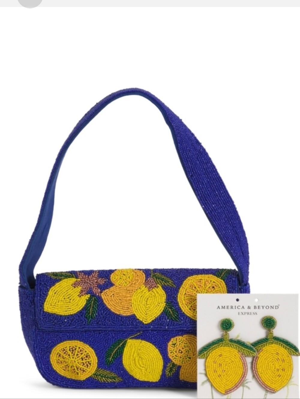 America & Beyond Express  Beaded Blue Lemon Motif Shoulder Bag Matching Earrings